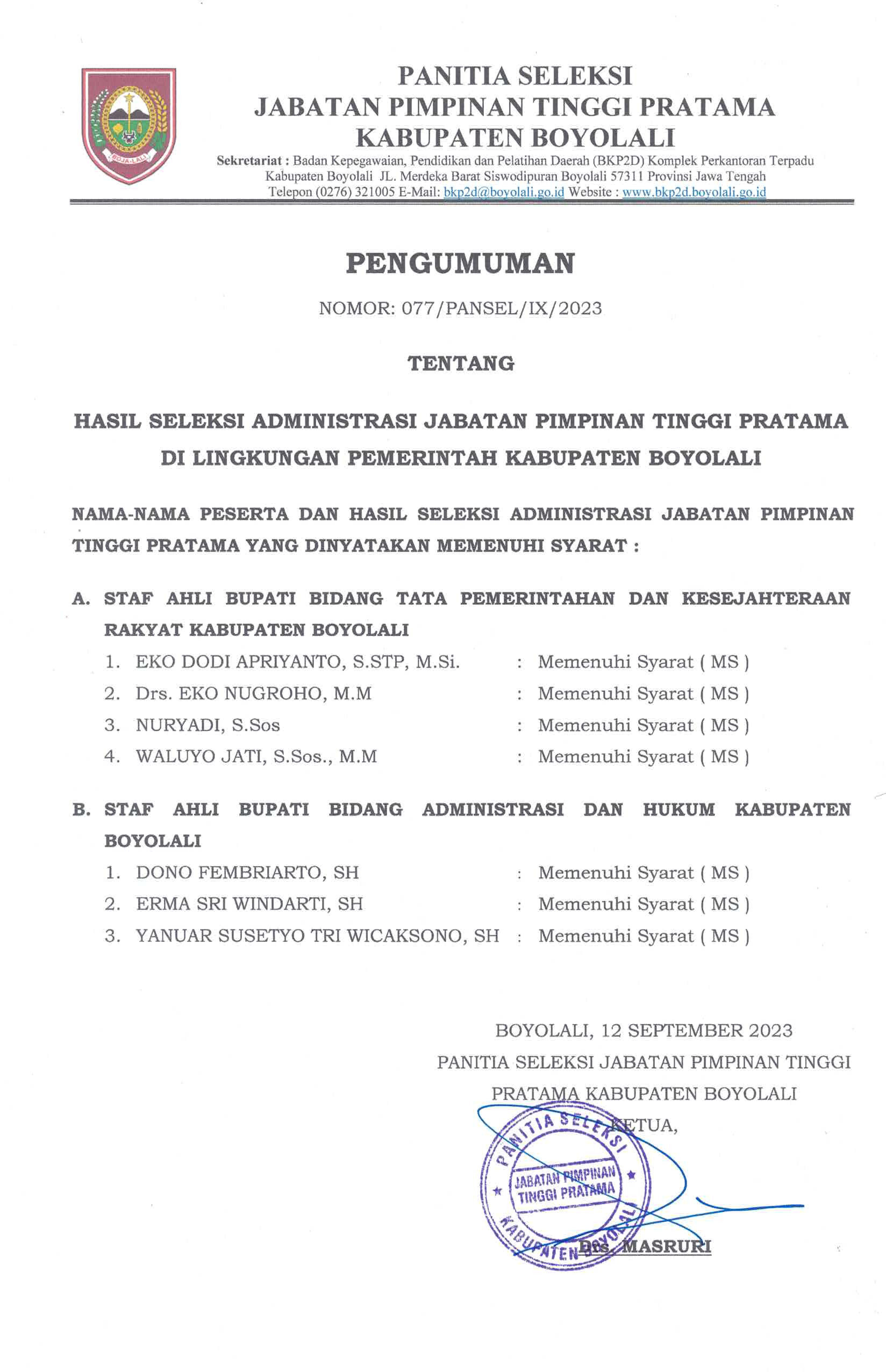 Pengumuman Seleksi Administrasi JPT Pratama Staf Ahli Bupati Kabupaten Boyolali Tahun 2023
